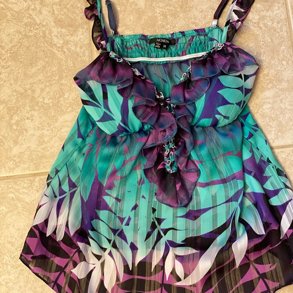NWOT XOXO Teal & Purple Leaf-Print Ruffle Camisole